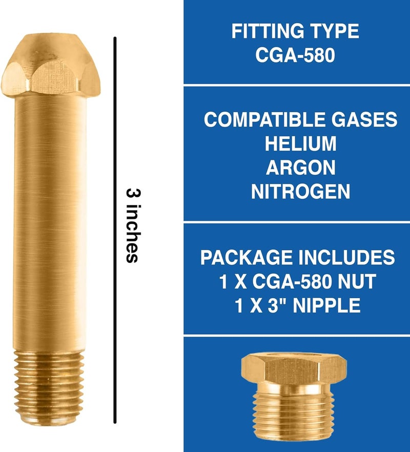 Kolibrox CGA-580 Nut & 3" Nipple - Regulator Inlet Bottle Fitting for Helium Argon Nitrogen - Brass Construction Threaded Design - Perfect for Gas Cylinders & Welding | 3"x1/4 NPT - Image 2